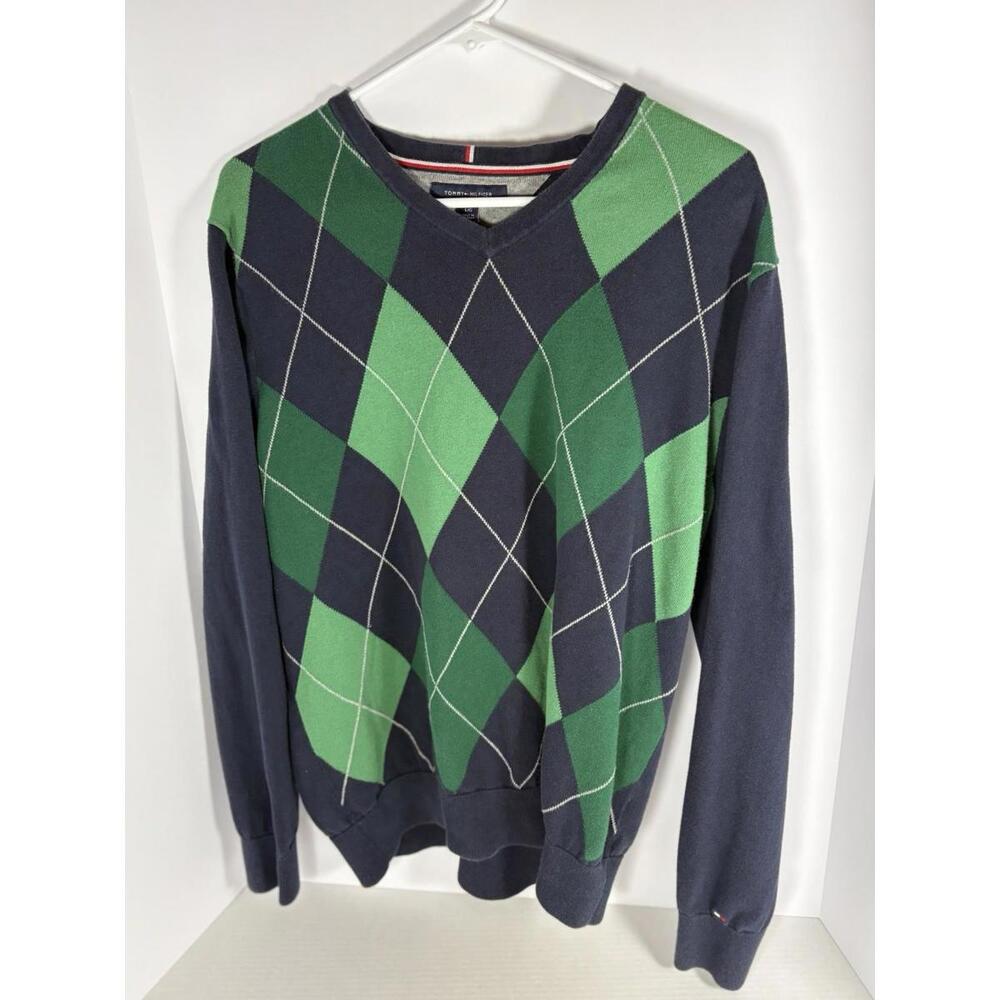 Tommy Hilfiger Navy Green Plaid V Neck Long Sleeve Pullover Sweater Men's Large